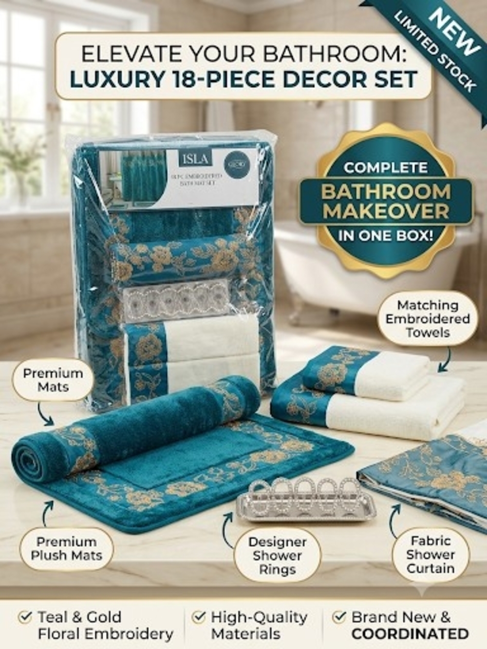 Teal & Gold 18-Piece Luxury Bathroom Set